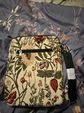 Floral Tapestry Crossbody Bag with Dragonfly Accent